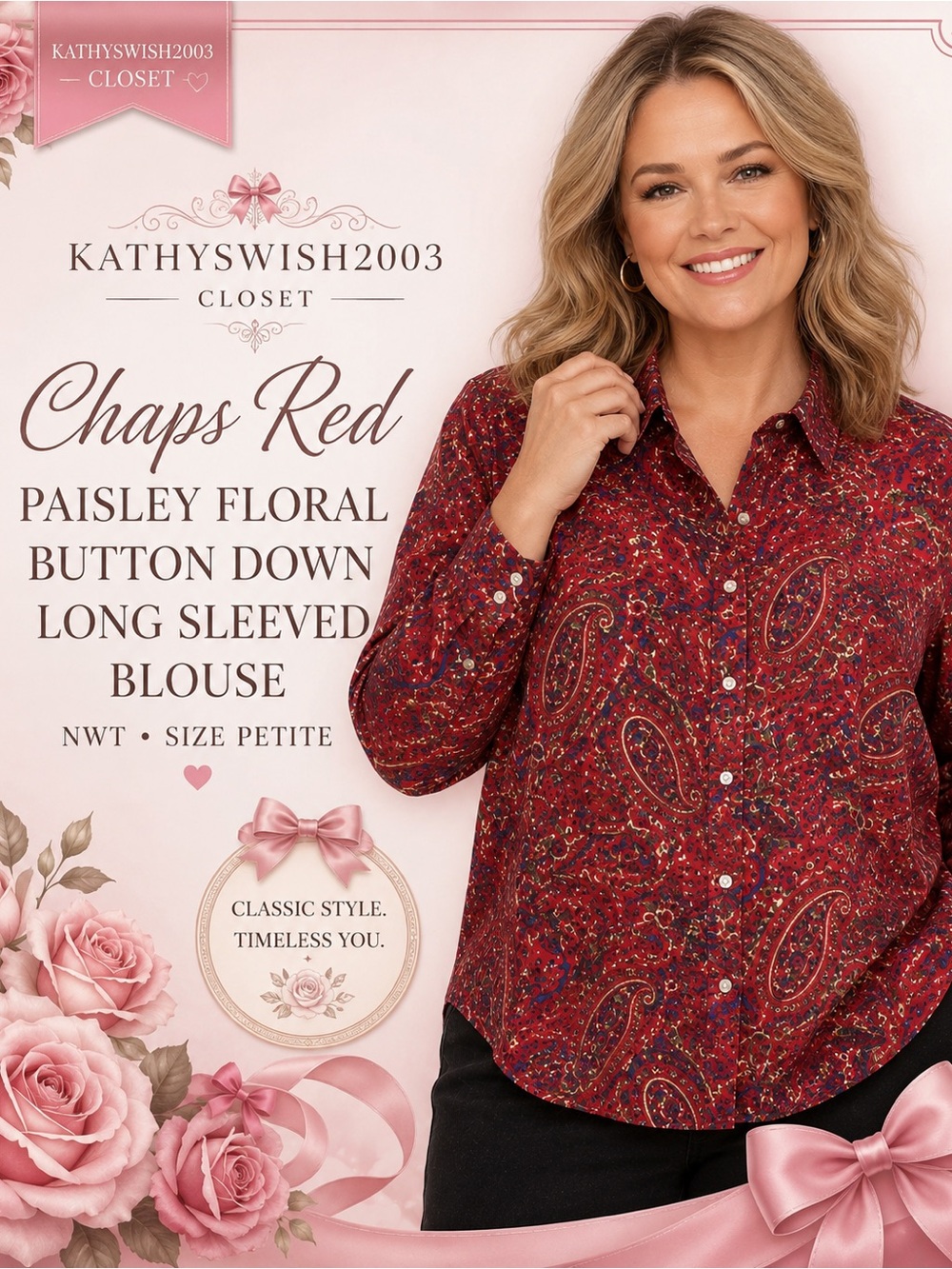 Chaps Red Paisley Floral Button Down Long Sleeved Blouse NWT size Petite…